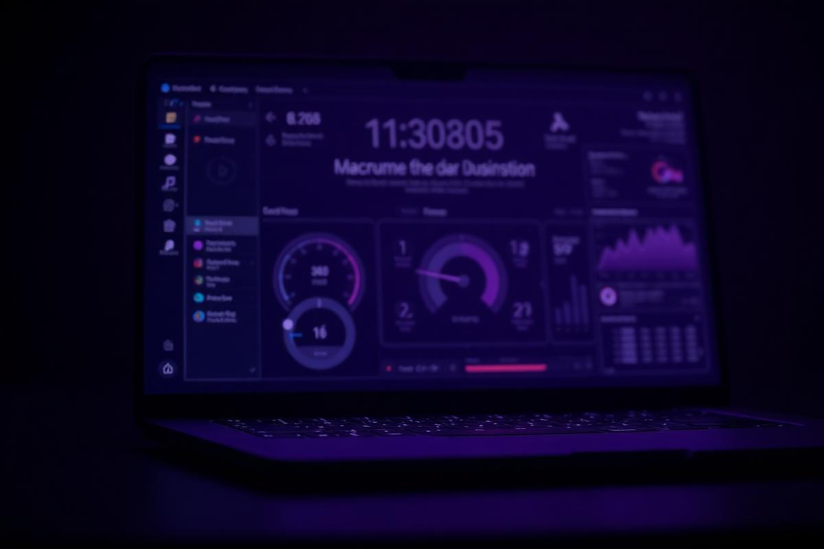 Dark laptop screen showing a glowing analytics dashboard