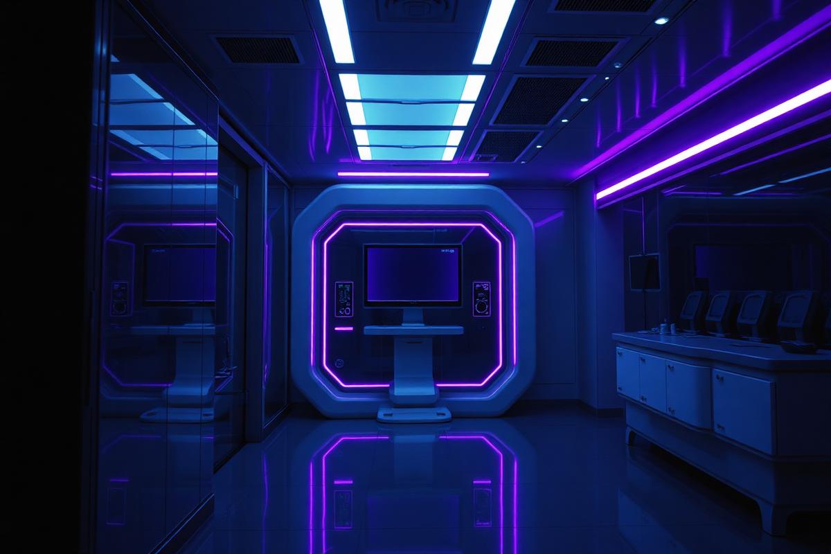 Futuristic healthcare technology suite with violet accent lighting